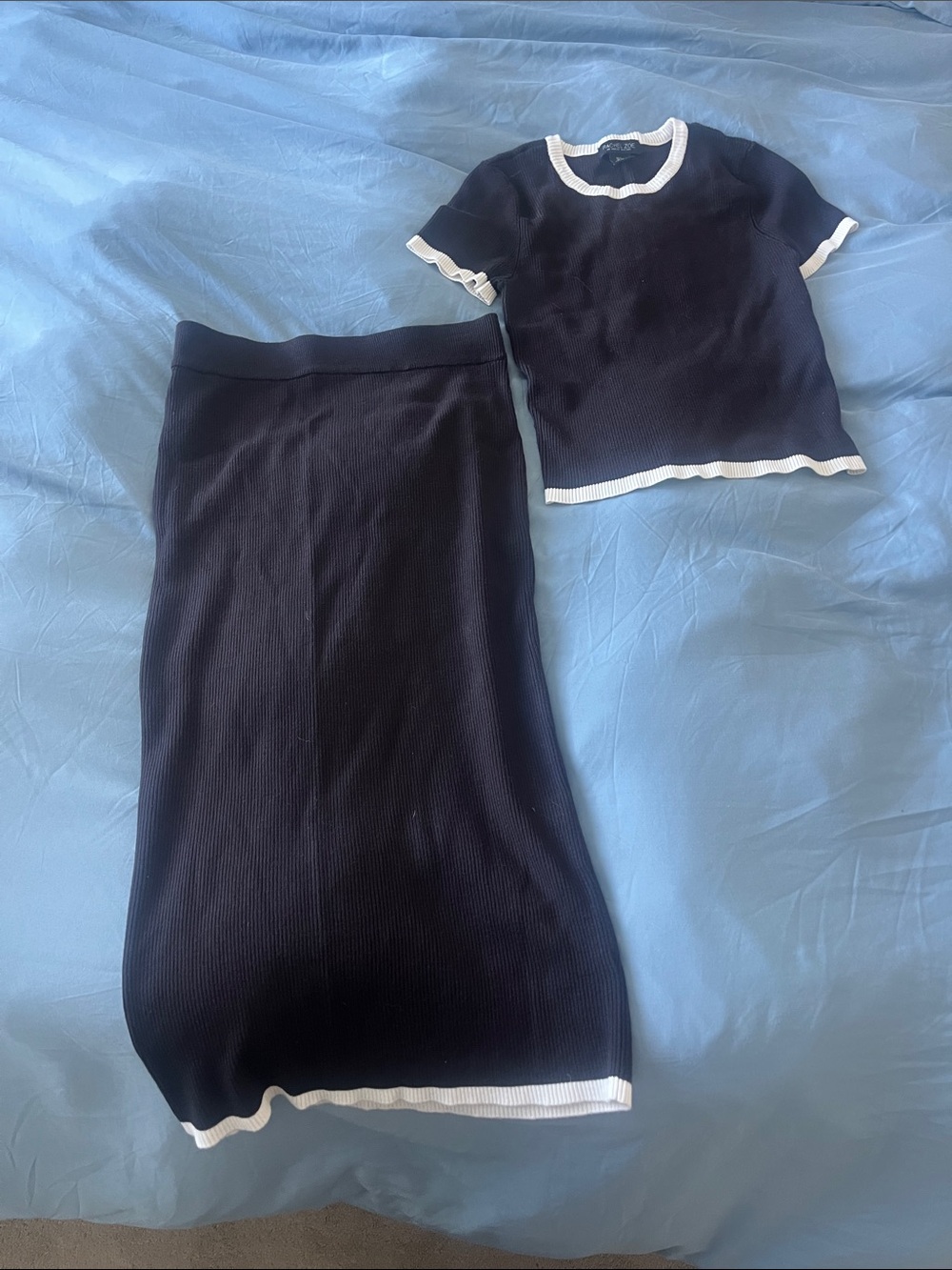 Rachel Zoe Navy Two-Piece Knit Top and Skirt with White Trim